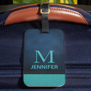 Personlig blå falsk lädermonogram bagagebricka