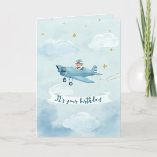 Personlig blå flygplansfödelsedagskort kort
