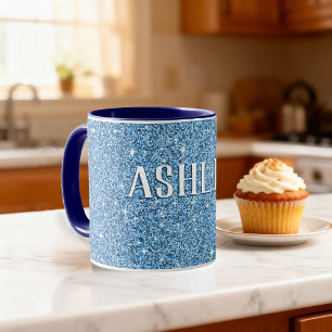 Personlig blå glittrig glitter med namn kaffe mugg