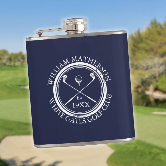 Personlig Blå Golf Klubb Namn Fickplunta (Personalized Navy Blue Golf Club Name Flask)