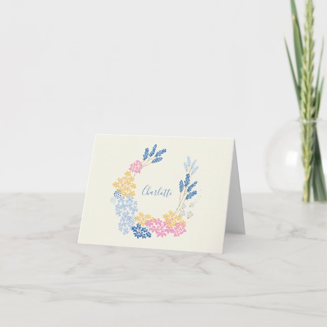 Personlig blå gul sommarblomsterkrans tack kort (Framsida)