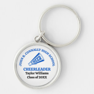 Personlig blå gymnasiecheerleader rund silverfärgad nyckelring