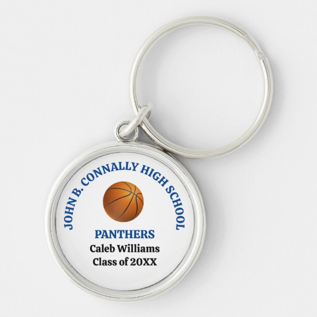 Personlig blå high school-basketspelare rund silverfärgad nyckelring (Framsidan)