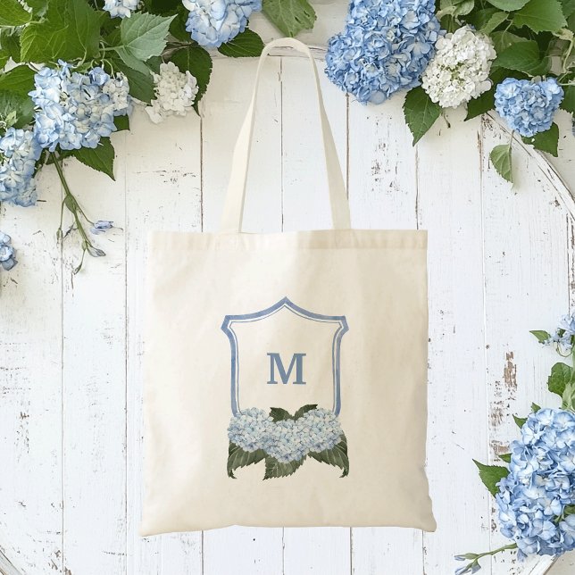 Personlig blå Hydrangea-kam och korg  Tygkasse (Monogram blue hydrangea tote bag)