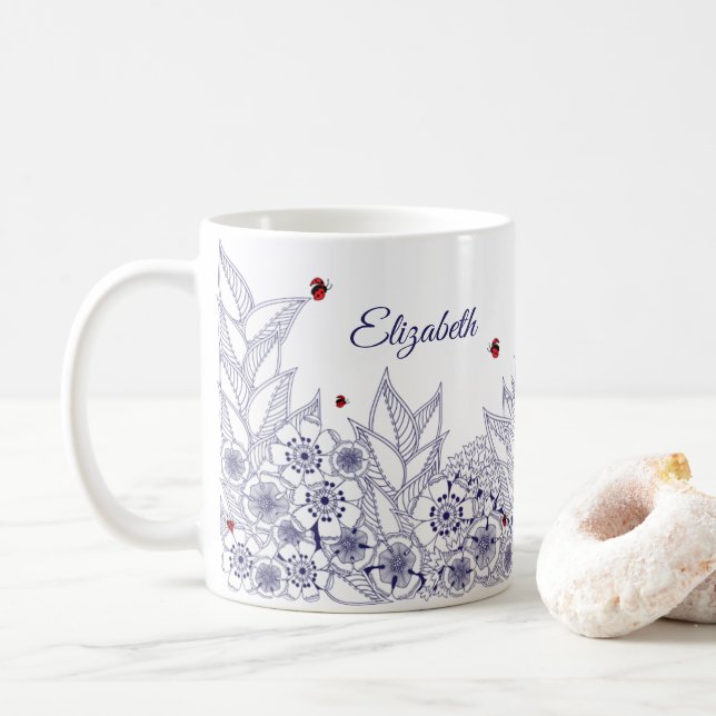 Personlig blå keramikmugg med folkkonstmönster kaffemugg (Med munk)