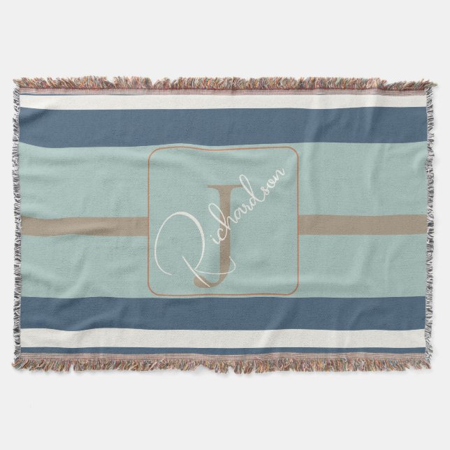 Personlig blå mint tan randig monogram kust filt (Framsidan)