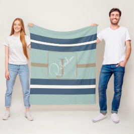 Personlig blå mint tan randig monogram kust fleecefilt