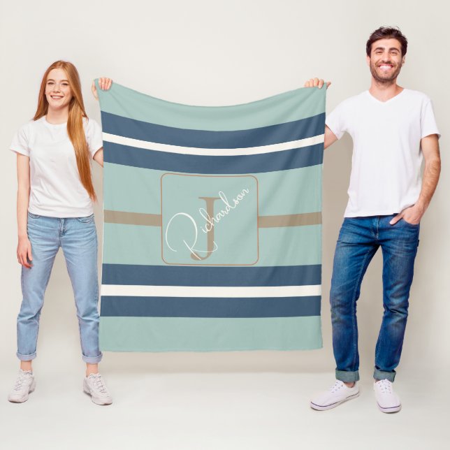 Personlig blå mint tan randig monogram kust fleecefilt (På plats)