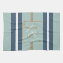 Personlig blå mint tan randig monogram kust kökshandduk