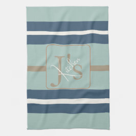 Personlig blå mint tan randig monogram kust kökshandduk