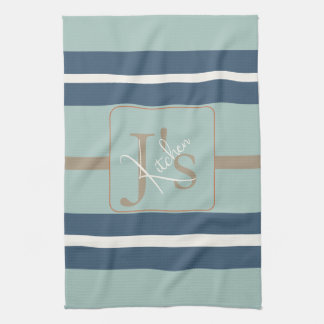 Personlig blå mint tan randig monogram kust kökshandduk