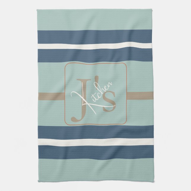 Personlig blå mint tan randig monogram kust kökshandduk (Vertikal)