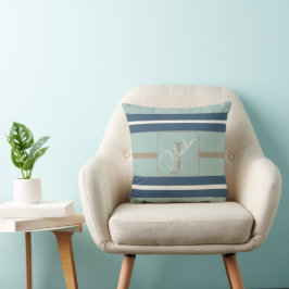 Personlig blå mint tan randig monogram kust kudde