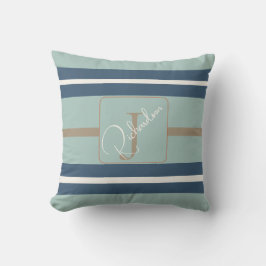Personlig blå mint tan randig monogram kust kudde