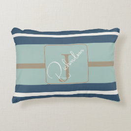 Personlig blå mint tan randig monogram kust prydnadskudde