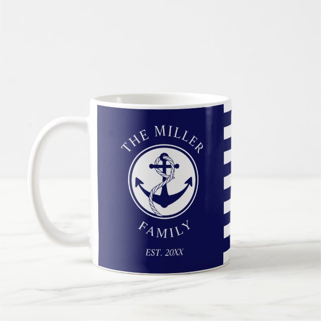 Personlig blå nautisk ankar familjenamn kaffemugg (Vänster)