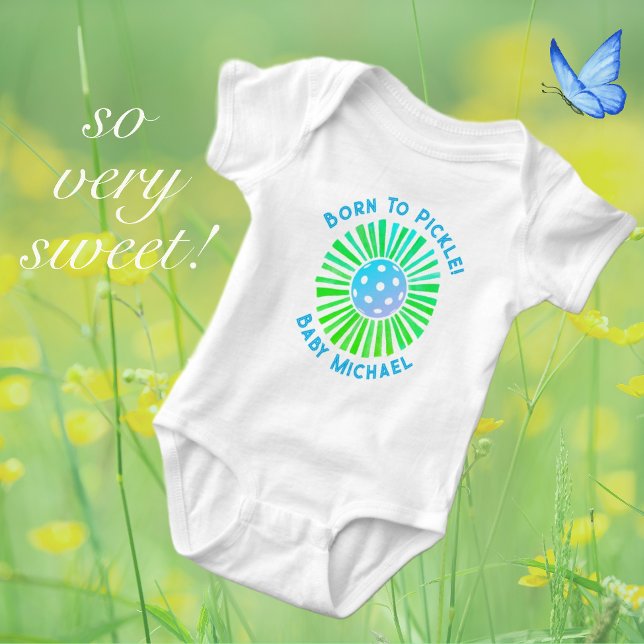Personlig blå och grön Pickleball  T Shirt (Baby was Born to Pickle! Personalize with your own message or names.)