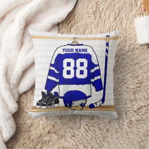 Personlig blå och vit ishockeytröja kudde