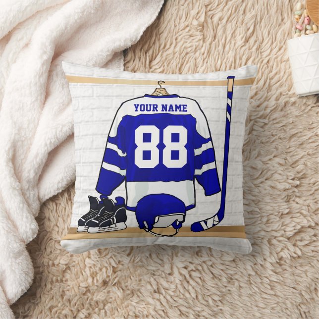 Personlig blå och vit ishockeytröja kudde (Filt)