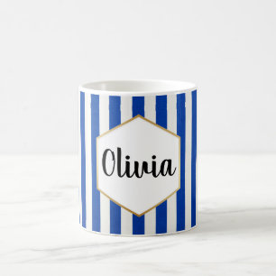 Personlig blå och vit randig kaffemugg
