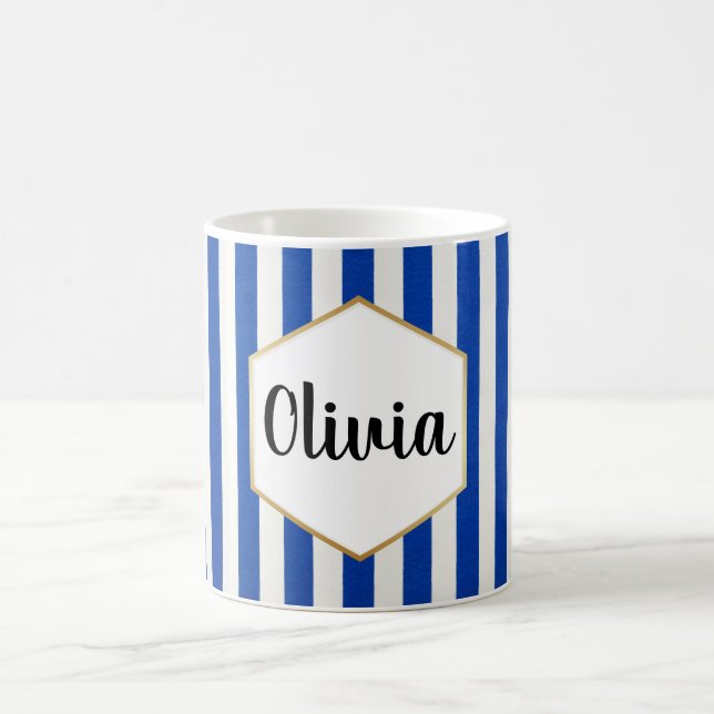 Personlig blå och vit randig kaffemugg (Center)