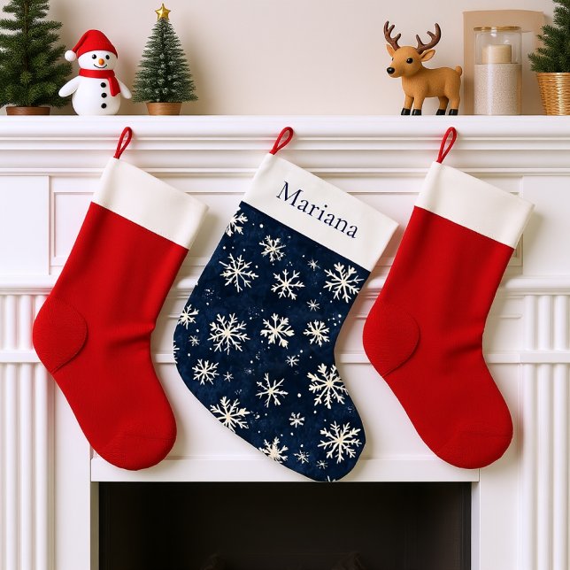 Personlig Blå och vit snöflingor Stor Julstrumpa (Personalized Navy Blue and white Snowflake Large Christmas Stocking)