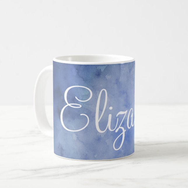 Personlig blå och vit vattenfärg kaffemugg (Framsida vänster)