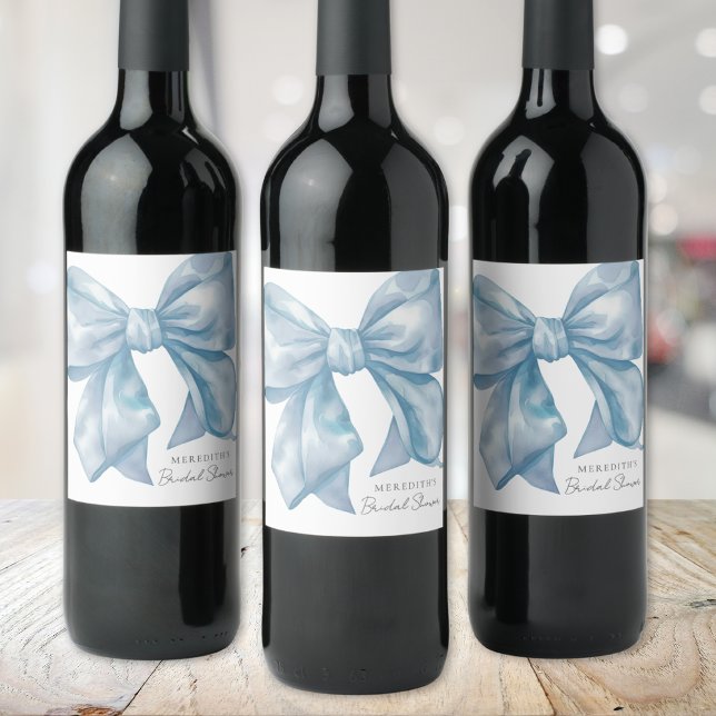 Personlig blå rosett bröllopsfest vinflaska etikett (Personalized Blue Bow Bridal Shower Wine Label)