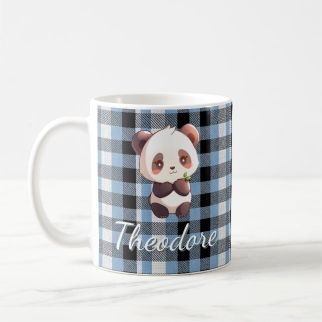 Personlig blå rutig panda kaffemugg (Vänster)