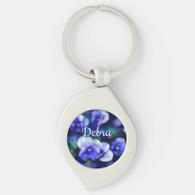 Personlig Blå Stilla Viol Blomma Swirl Silverfärgad Nyckelring (Framsidan)