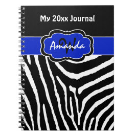 Personlig blå svart vit zebra randig journal anteckningsbok