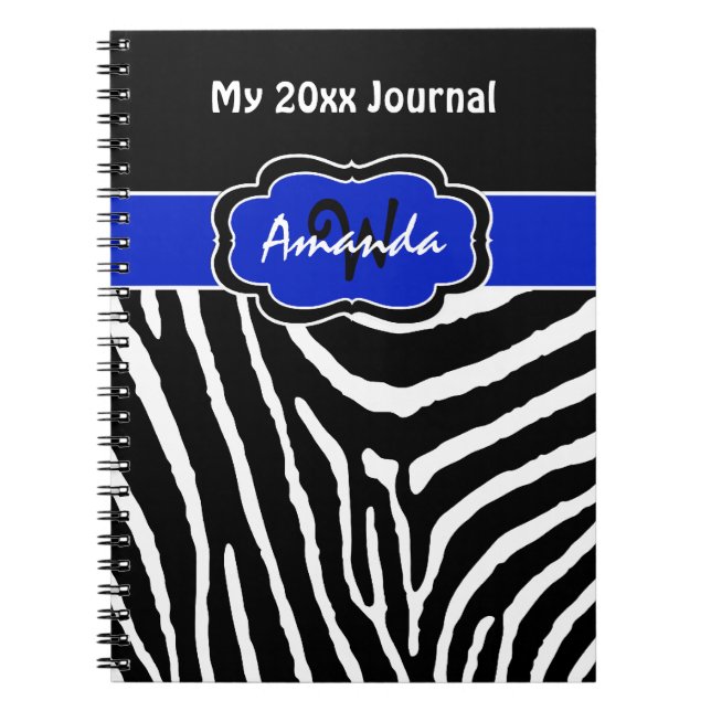 Personlig blå svart vit zebra randig journal anteckningsbok (Framsidan)