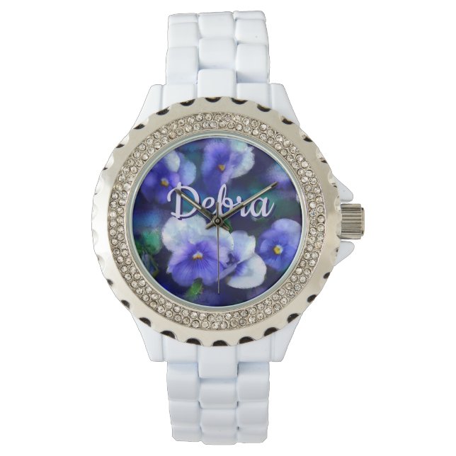 Personlig blåa penséer pensé blomma blomster armbandsur (Framsida)