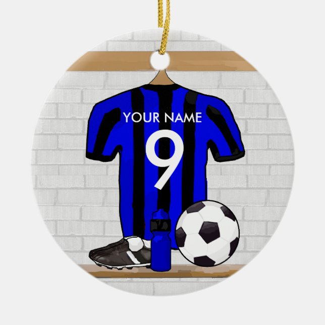 Personlig Black and blue fotbollssoccer Jersey Julgransprydnad Keramik (Framsidan)