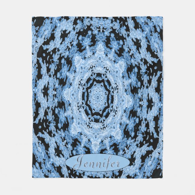 Personlig Black and Light Blue Blommigt Mandala Fleecefilt (Framsidan)