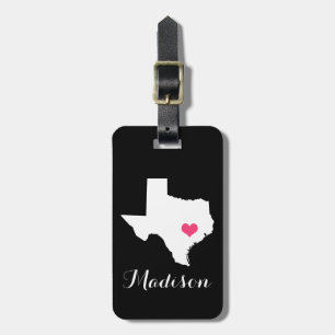 Personlig Black and Rosa Heart Texas Home State Bagagebricka
