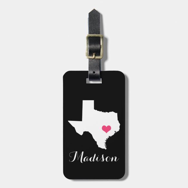 Personlig Black and Rosa Heart Texas Home State Bagagebricka (Vertikal Framsida)