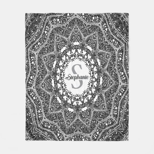 Personlig Black and White Träd Gren Mandala Fleecefilt (Framsidan)