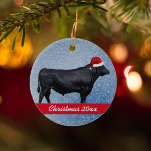 Personlig Black Angus och Santa Hat Julgransprydnad Keramik