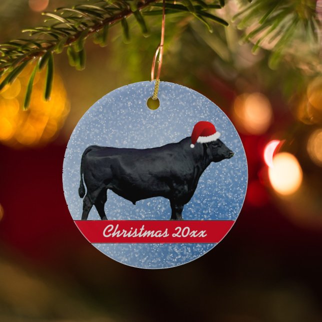 Personlig Black Angus och Santa Hat Julgransprydnad Keramik (Skapare uppladdad)