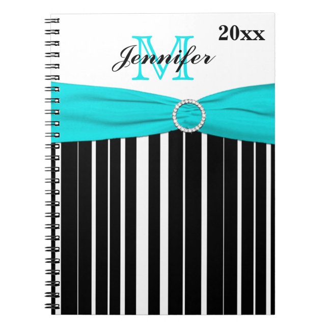 Personlig Black Aqua White Stripe - bärbar dator Anteckningsbok Med Spiral (Framsidan)