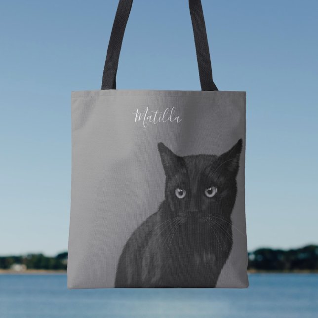 Personlig Black Cat Art Grått Tote Bag Tygkasse (Just add your name to this cute cat tote bag. Purrfect!)