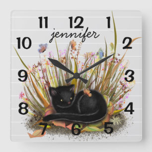 Personlig Black Cat Butterflies Wall Clock Fyrkantig Klocka