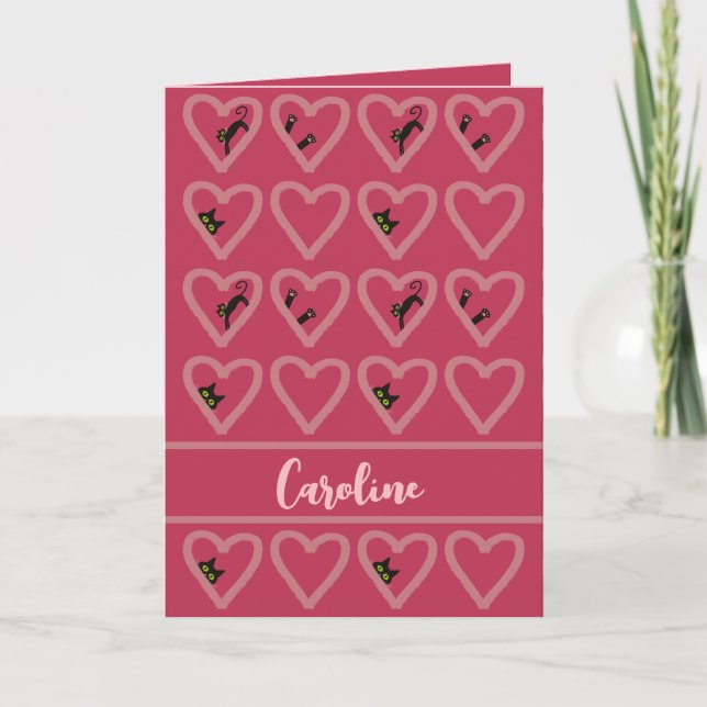 Personlig Black Cat Hearts Cute Valentines day Helgkort (Framsida)