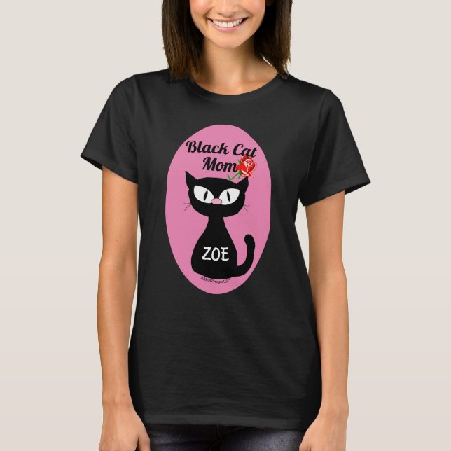 Personlig Black Cat Mamma med Röd ros T Shirt (Framsida)