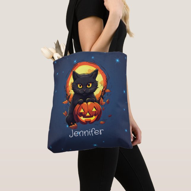 Personlig Black Cat med Pumpkin Halloween Tygkasse (Närbild)