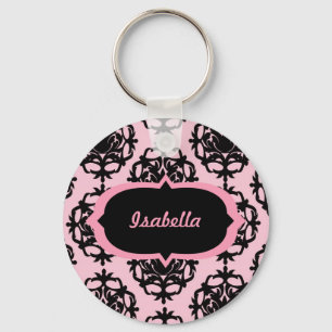 Personlig Black Damask på Rosa Keychain Nyckelring
