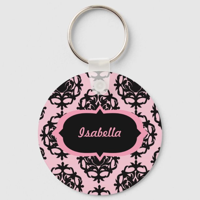 Personlig Black Damask på Rosa Keychain Nyckelring (Framsida)