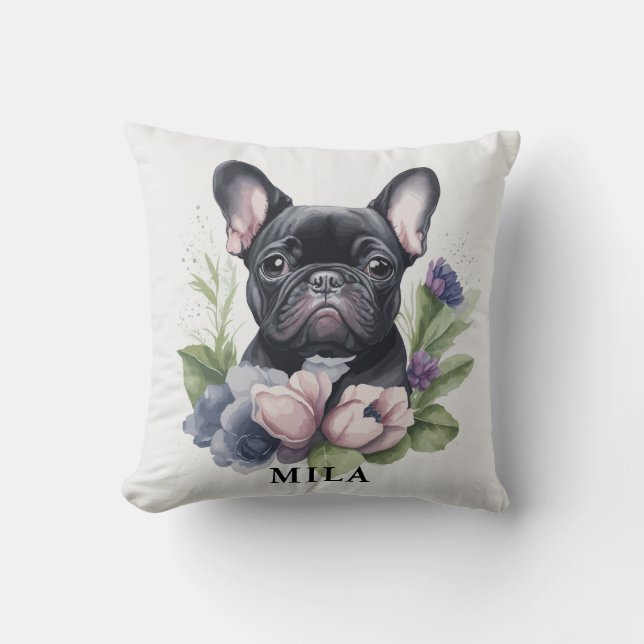 Personlig Black Frenchie Pug Hund Watercolor Kudde (Framsida)