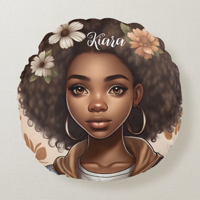 Personlig Black girl round Pillow Rund Kudde (Framsidan)